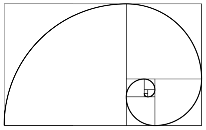 White landscape oriented frame divided according to the Fibonacci principle with the tell tale swirl