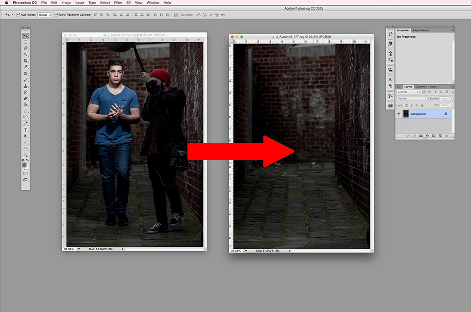 side by side image of hero shot with model in next to the clean background in the photoshop platform