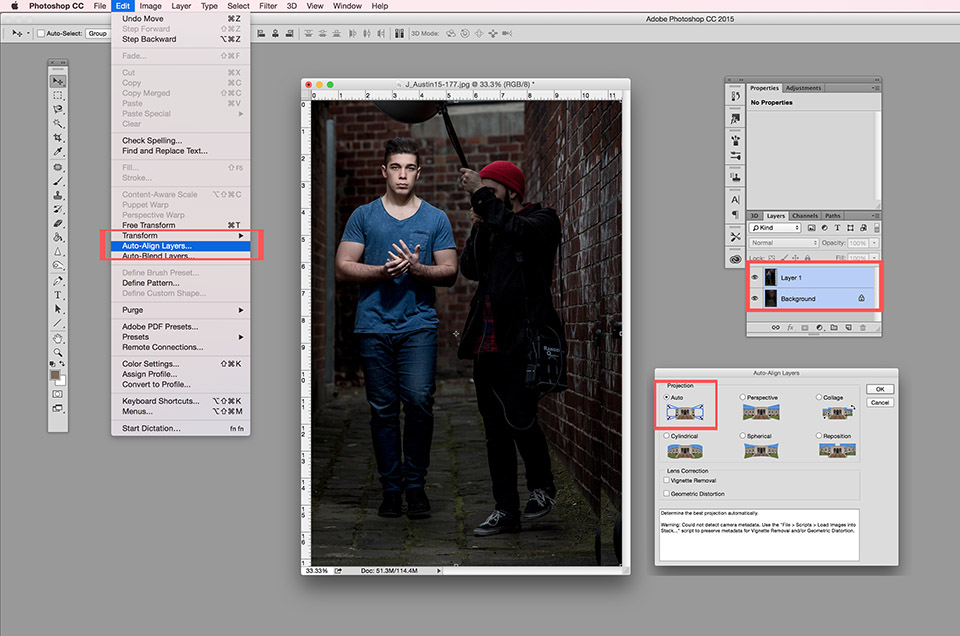 image that shows you how to align the two layers in Photoshop