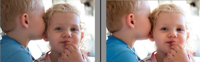 Side by side comparison of a portrait photo of two kids showing the difference that one of Gina's Lightroom Presets has made
