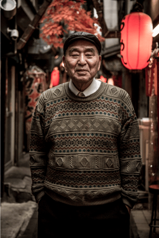 Man in a knitted jumper standing in memory lane shinjuku