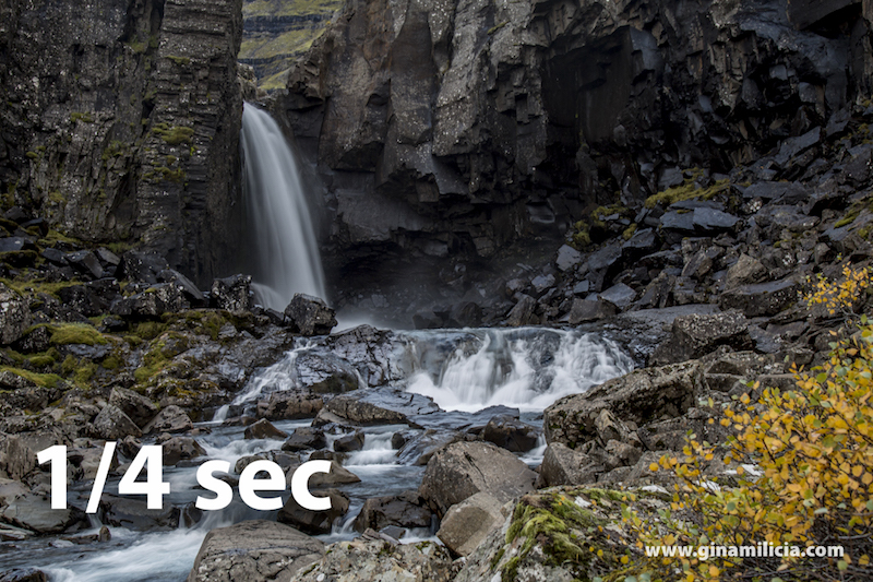 Above: Waterfall East coast of Iceland. A long shutter speed will give fast flowing water a silky look.
