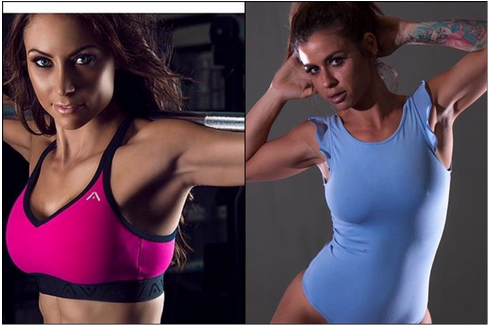 2 images. One on left of a woman lifting weights, right of a woman in a sit up type pose