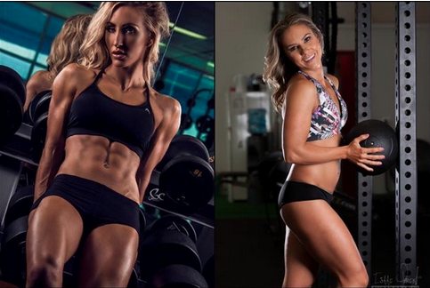 Two images. One on left of a very toned blonde woman bending slightly backwards and showing off her abs. The other of another model standing side on to the camera.