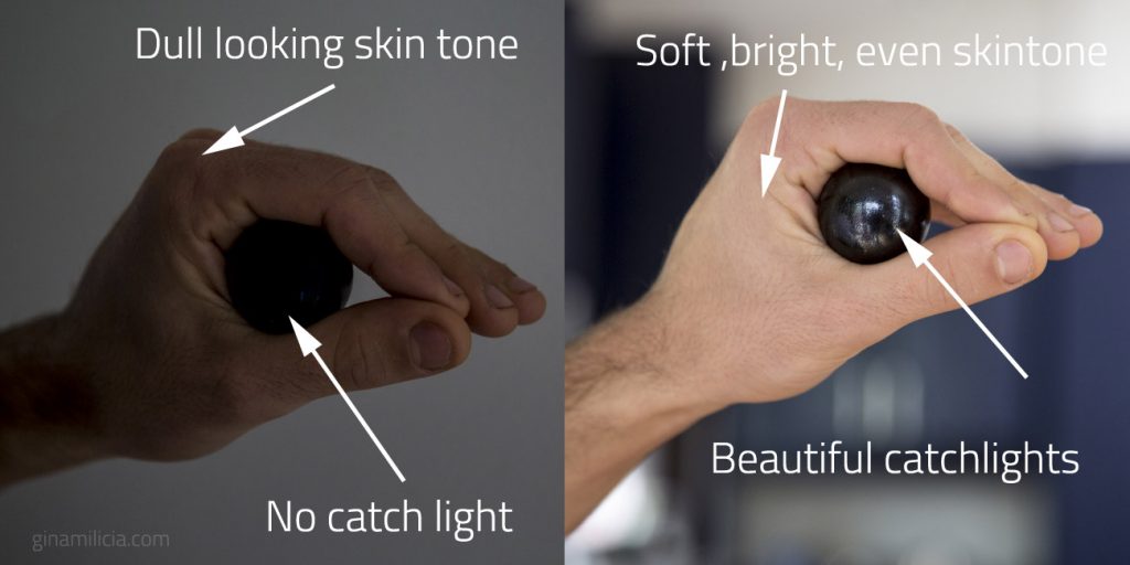 Two images demonstrating how to find good light using a marble