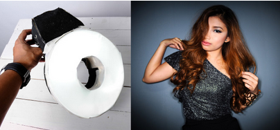 Two images one on the left shows a white round contraption. Image on right show the ring flash in use on a female presenting model against a dark grey blue background.