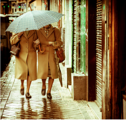 Street photo women walking in the rain in Madrid