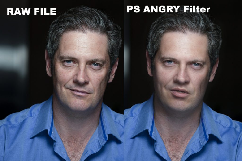 Two side by side images of a white man with grey hair and a blue open collared shirt. On the left, his face is neutral. On the right, a photoshop angry filter has been applied, making his mouth curl in a snarl, and his eyebrows are a little more furrowed.