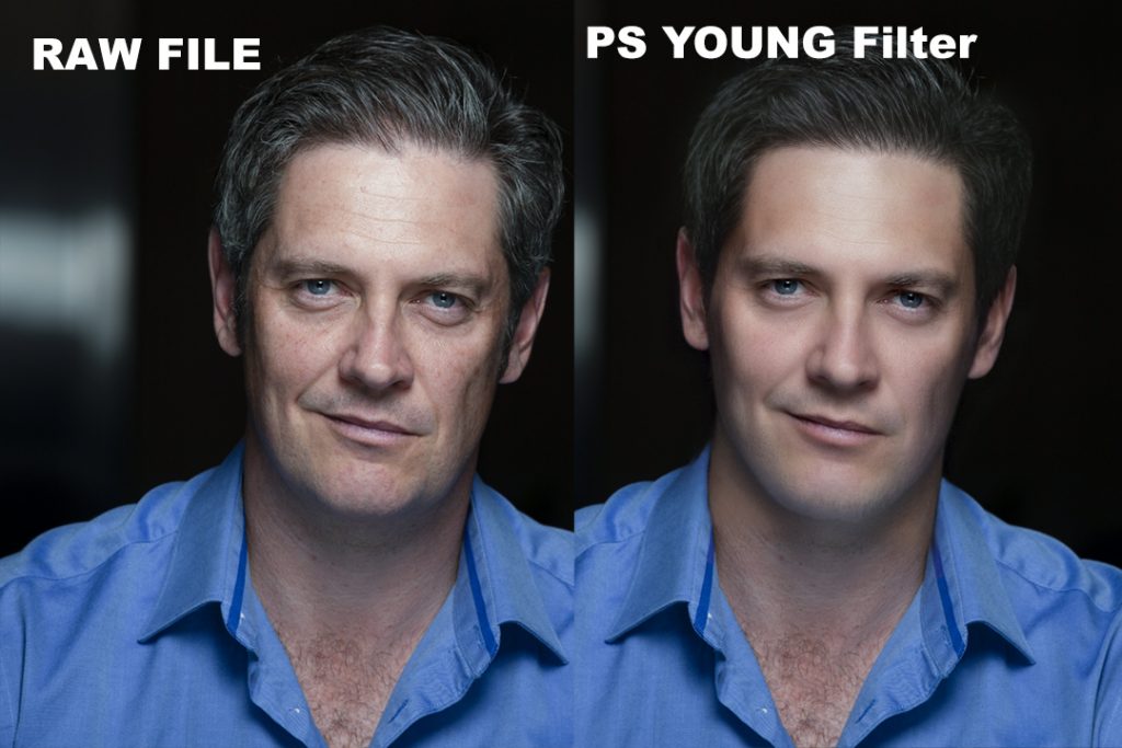 Two side by side pictures of the same white man with grey hair, an open collared blue shirt. On the left, he has a neutral expression. On the right, a young filter has been applied. His hair is a bit darker and his skin and wrinkles smoothed out. His face has also been slimmed slightly. 