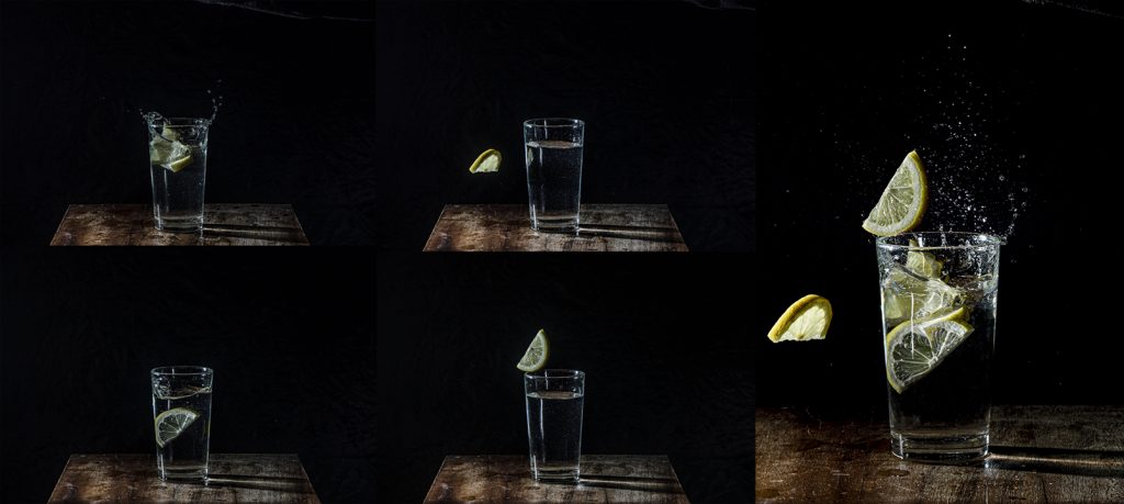 A series of shots of a glass of water against a black background with lemon wedges being dropped into it to form a composite action filled shot on the far right.