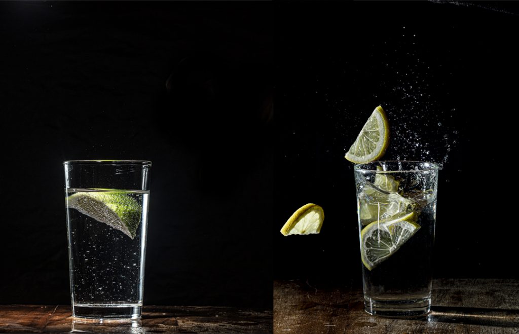 Two images of glasses with lime wedges in them against a black background. In the left picture, the image is still. On the right, lime wedges have been dropped into the glass and a creating a splash.