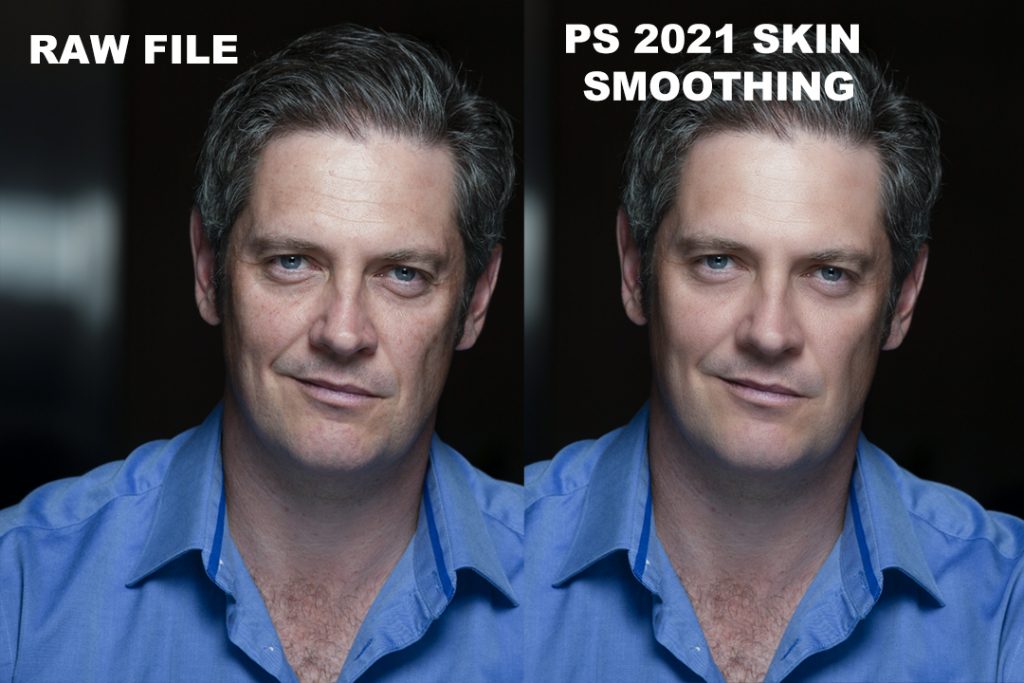 Two side by side images of a white man with grey hair and a blue, open collared shirt. In the image on the left, his skin hasn't been smoothed out, on the right hand side, the skin is smoother and brighter. 